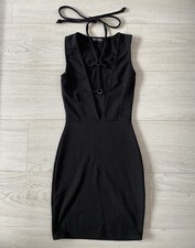 PrettyLittleThing Vintage Black Plunge Ring Strap Up Bodycon Dress - Size 4