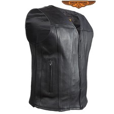 Men Classic Black Leather Motorcycle Club Vest with Gun Pockets