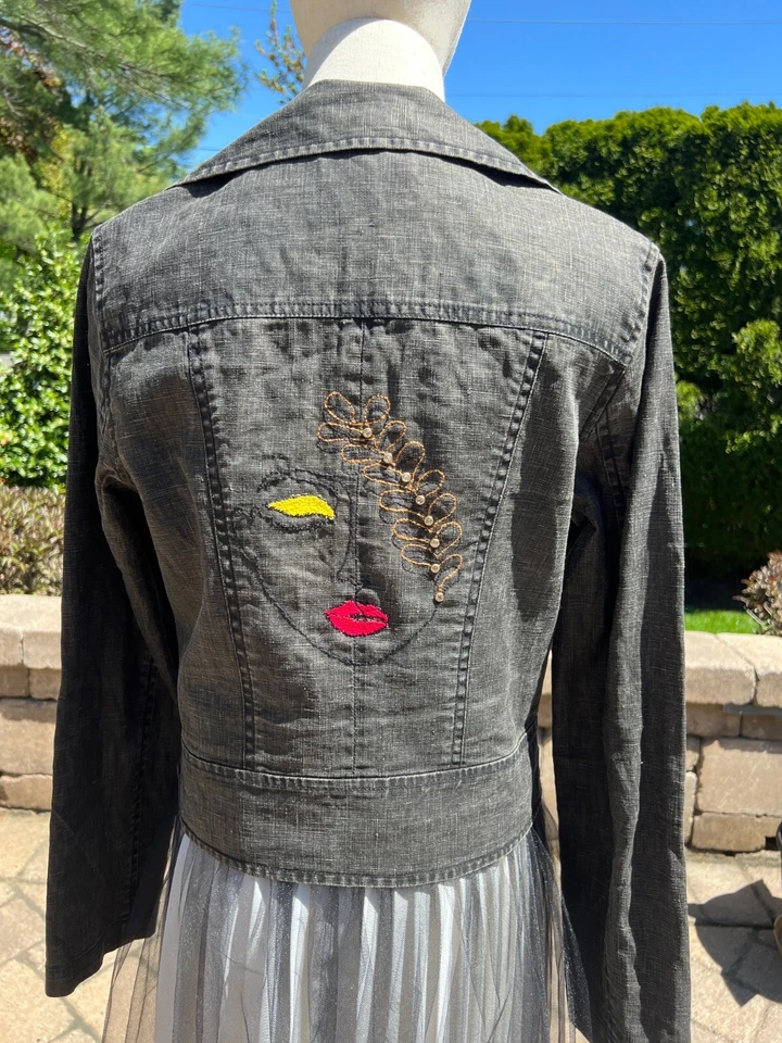 CAbi Size M Linen Denim Short Jacket Ruffle Snap Front Casual Western Rock Style - Image 4 of 4