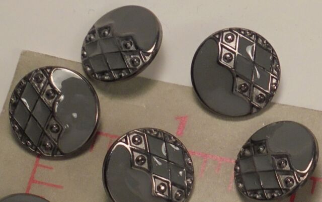 3 Fine Metal & Enamel Italian Shank Buttons Grey And Pewter Harlequin Look Small
