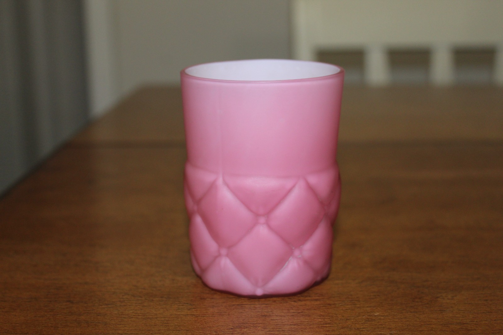 Antique Consolidated Cased Statin Pink Glass Diamond Quilt Pattern Tumbler