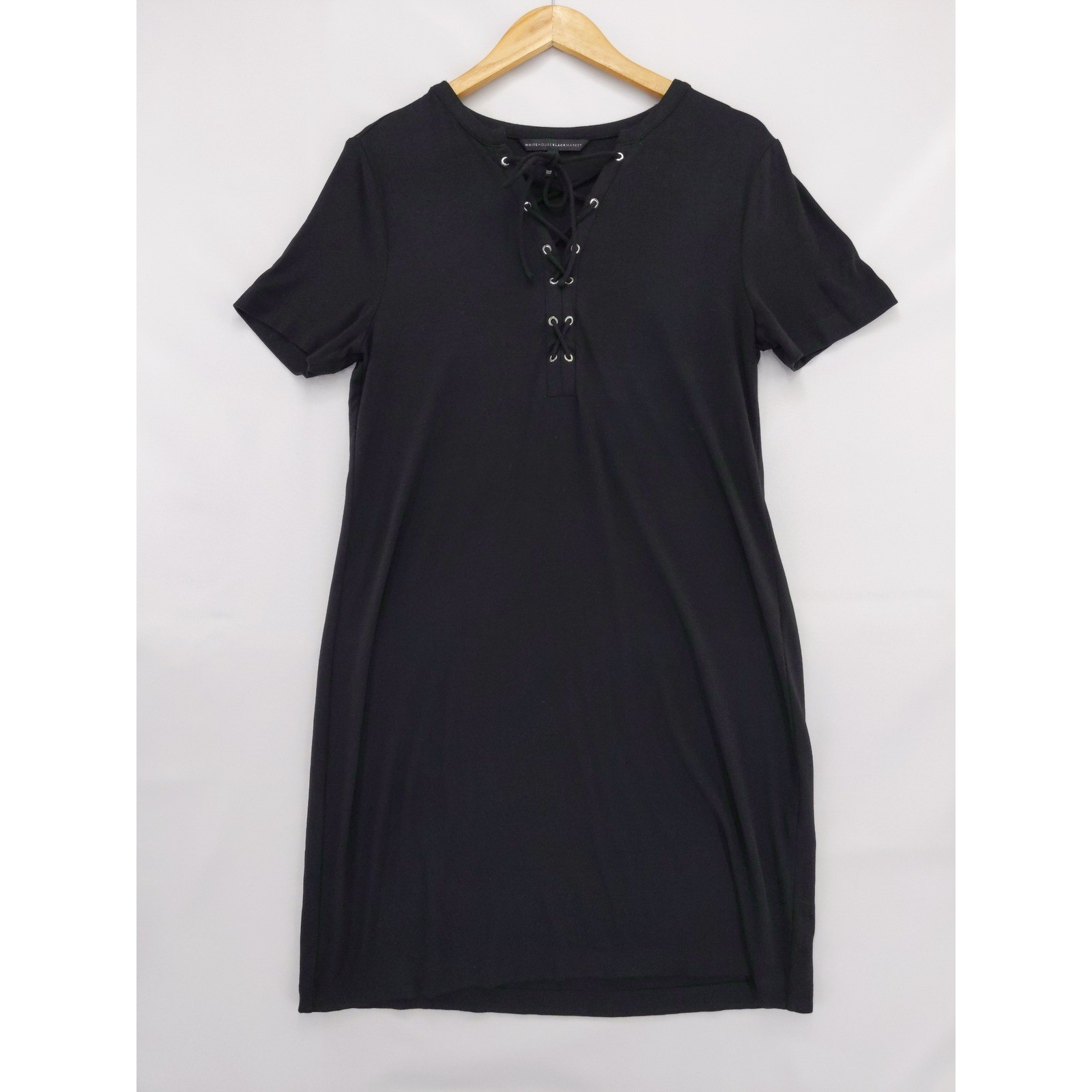 White House Black Market Dress Women M Black Lace Up Short Sleeve Shift