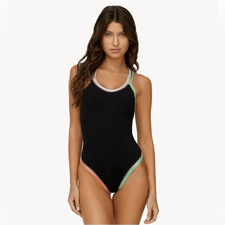 Pilyq Platinum Black Crochet Rainbow Trim One Piece Swimsuit- Size Medium