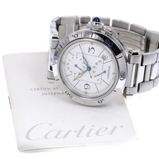 CARTIER PASHA 38MM W31037H3 GMT Automatic SS Silver Dial Date Power #C406