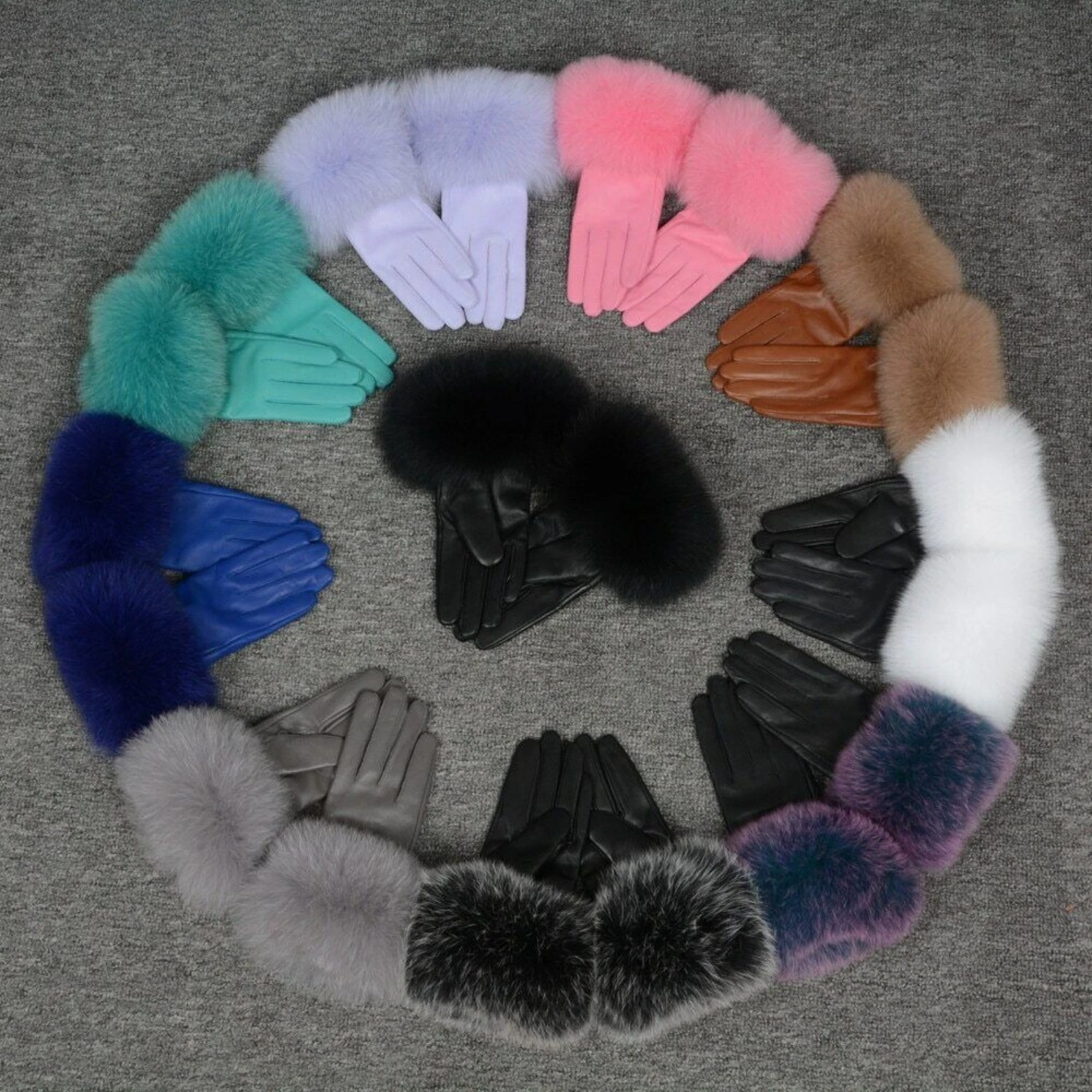Women's Real Sheepskin Leather Gloves Fox Fur Cuffs Mittens Winter Warm Glove