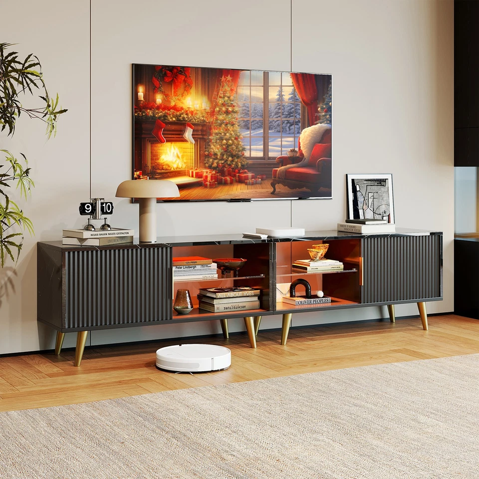 Armário de TV com luzes suporte de TV de madeira com portas e luz LED para sala de estar preto - Imagem 4 de 4