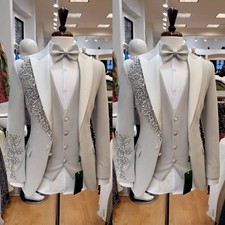 Luxury Beading Appliques Men's Suits Gray Formal Prom Coat Peak Lapel Jacket