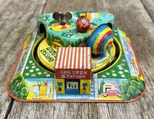 Vintage 50s Children's Station Wind Up Train Toy Japan Tin Litho Yonezawa Works