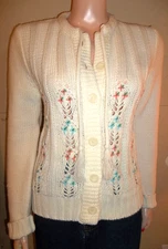 VTG HAND LOOMED OFF WHITE CARDIGAN SWEATER GRANNY  MEDIUM FLORAL