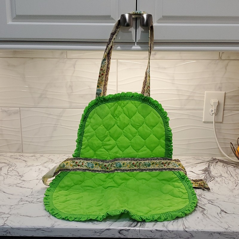 Green Cotton Quilted Ruffled Bib Apron, Floral Trim, One Size, Vintage