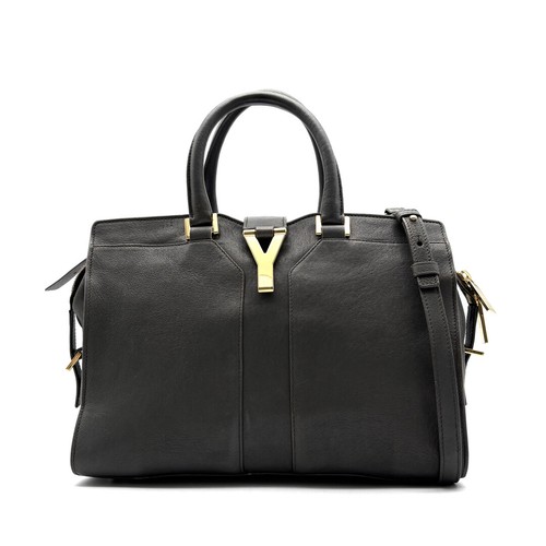 Yves Saint Laurent Cabas Chyc 2Way Gray Leather Y Hardware Shoulder Bag Auth