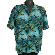Vintage Paradise Found Ocean Life Whale Fish Button Up Hawaiian Shirt Mens 2XL
