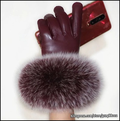Women's Colored Fox Fur Gloves Touch Screen Natural Leather Driving Winter