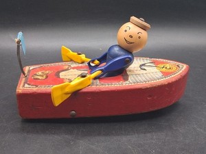 Vintage 1952 Fisher Price #730  Racing Rowboat Wood Pull Toy Working
