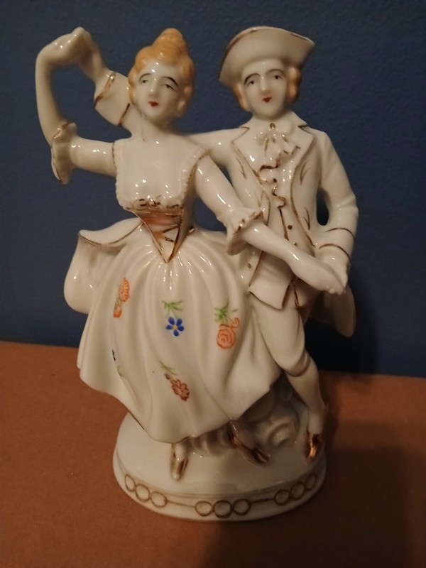 Vintage Japan Victorian Couple Dancing Figurine Gold Gilding 7" Tall Brown Hair