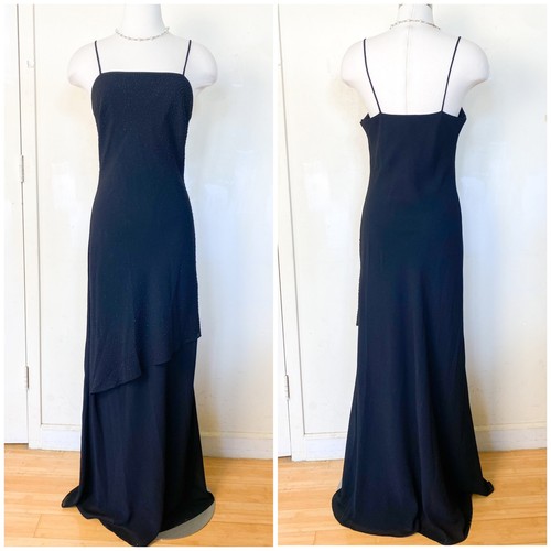 Vintage Aniella Black Beaded Prom Maxi Dress Square Neck Womens Large Fairy Y2K