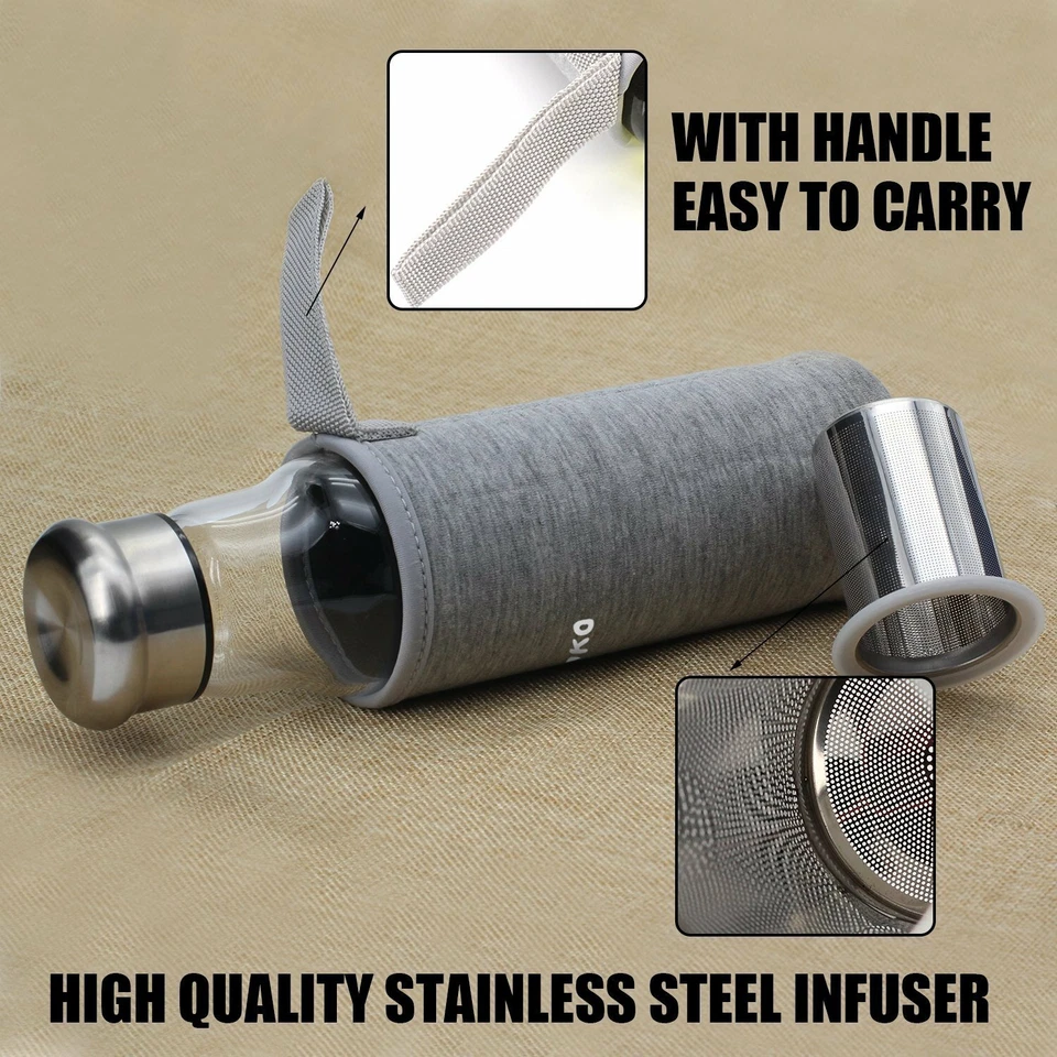 Botella de agua de vidrio infusor de calidad superior de 18,5 onzas con elegante funda de nailon Foto 3 de 4