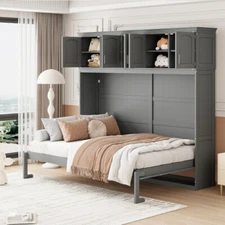 Space Saving Murphy Wall Bed with Storage Cabinets Queen Size Wood Cabinet Beds