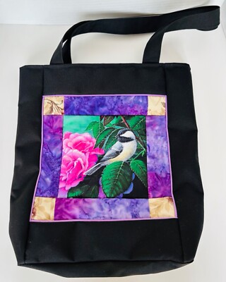 Colorful Bird Quilt Square Handmade Shopping Black Tote Bag Quilting Amish Made