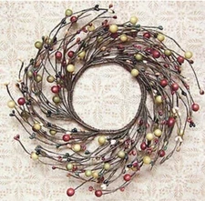 Primitive Combo Berry and Pip Red Green Ivory 8" Candle Ring Wreath - Farmhouse