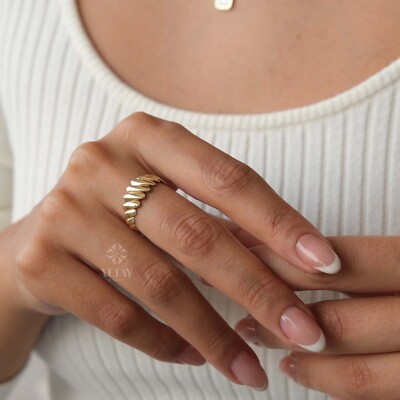 14K Gold Croissant Ring, geflochtener Kuppelbandring, gedrehter dicker Kuppelring, klobig