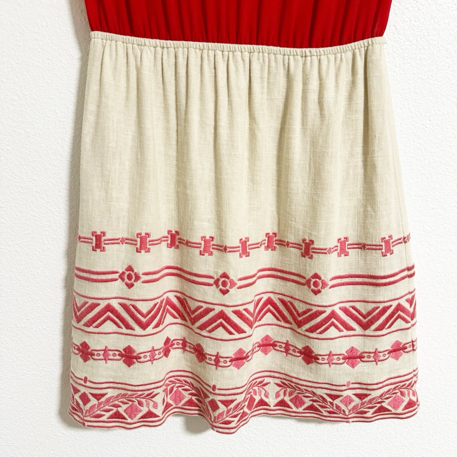 VALENTINO Abito misto lino ricamato champagne e fragola taglia M