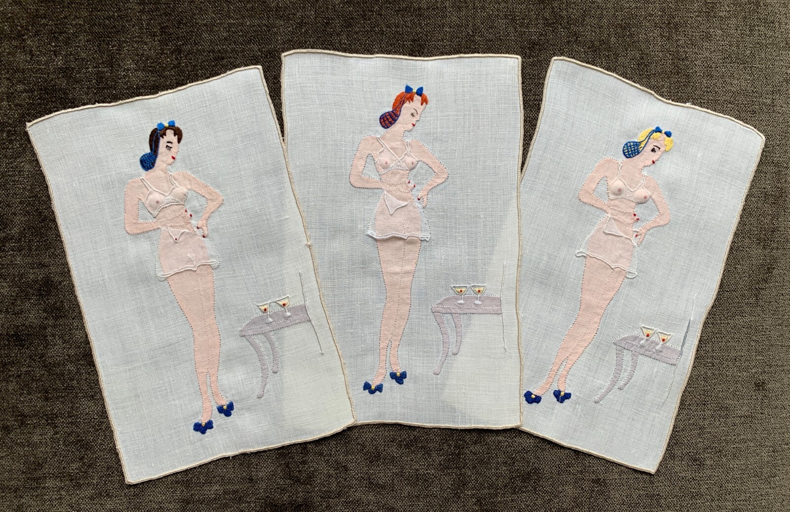 Vintage Cocktail Napkins Madeira Embroidered Naughty Risque Woman with