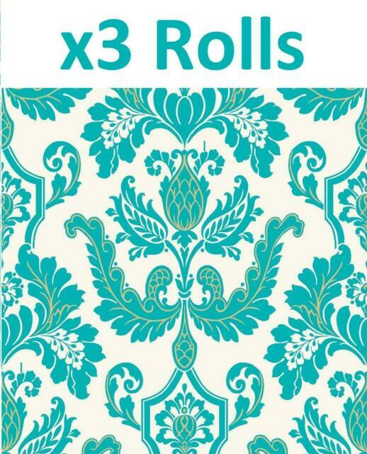 Velvet Flock Damask Wallpaper Turquoise Cream Metallic Holden Decor 3 X