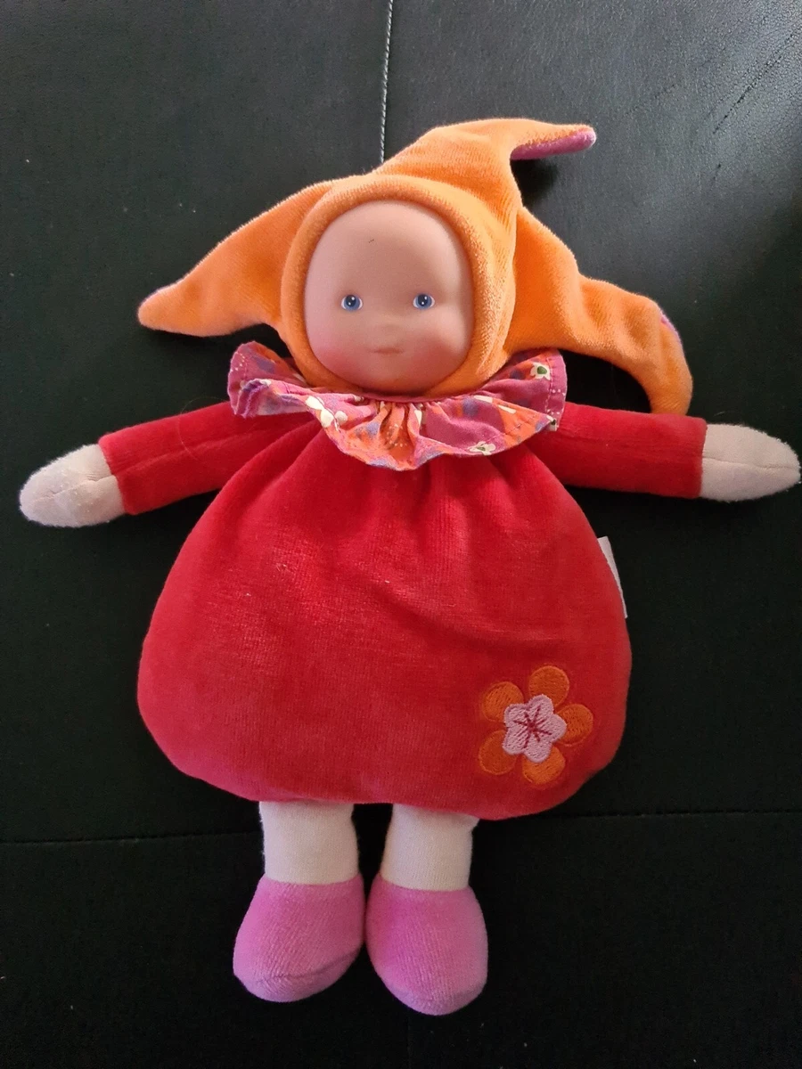 B2- DOUDOU POUPEE COROLLE ROUGE ROSE ORANGE BONNET 3 POINTES COL FLEUR 