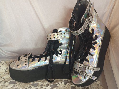 Women's Demonia Silver Holographic Lace Up Ankle High Platform Sandals Grip 105