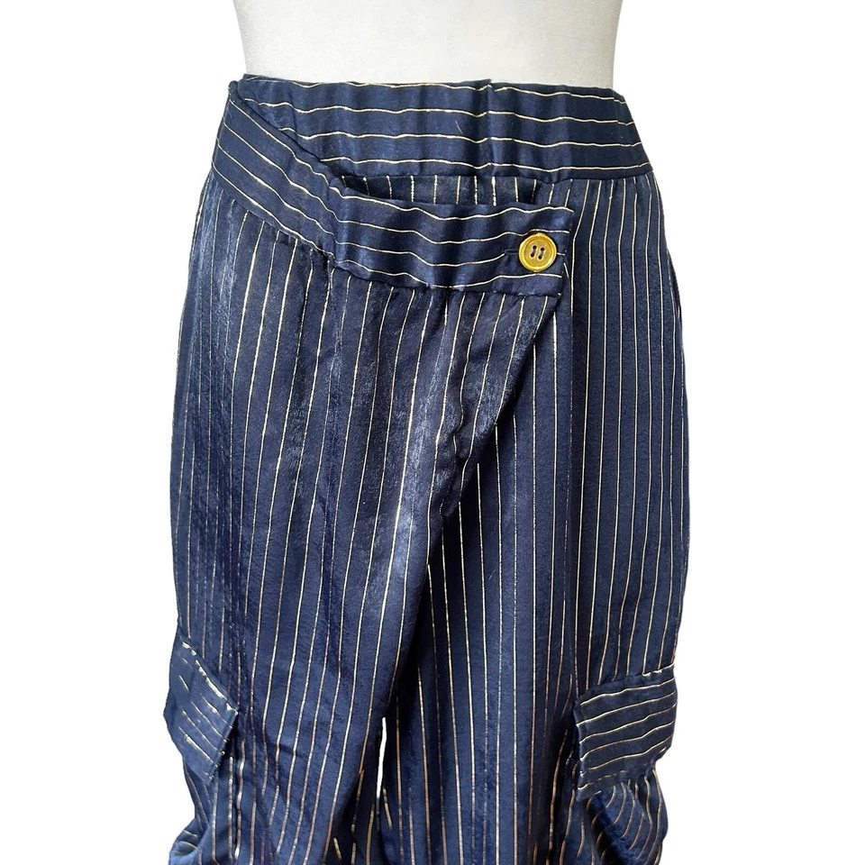 Lucy In The Sky Satin Pants Mckenzie Women Small Blue Gold Striped Cargo Style - Image 3 of 4
