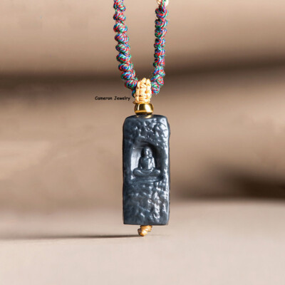 Real Grade A Natural Black Jade Men Women  Kwanyin Oblong Pendant