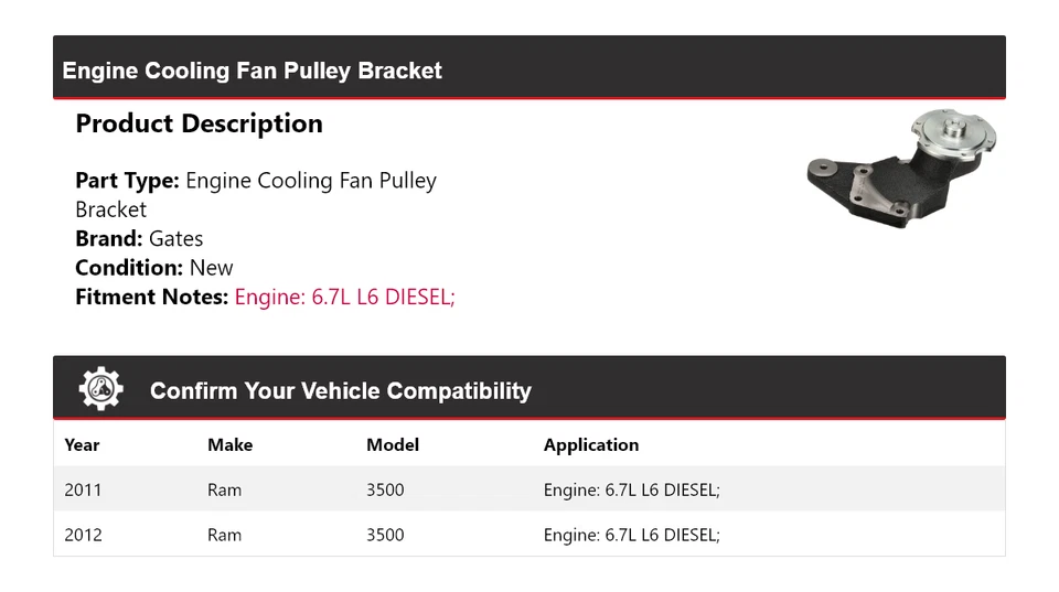 Para Ram 3500 2011-2012 6,7 L L6 Motor Diesel Ventilador Polea Soporte Puertas Foto 2 de 4
