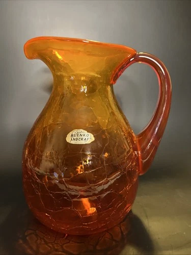 Vintage MCM Blenko Tangerine Crackle Glass Handblown 8” Pitcher Original Tag