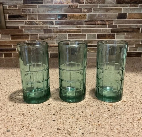 3 VTG Anchor Hocking Green Glass Manchester Tartan Plaid 12 oz Tumbler Glasses