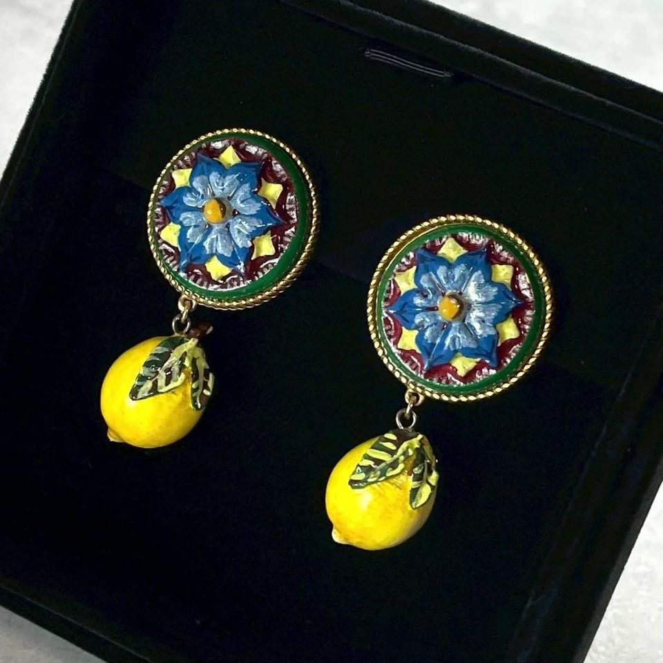Dolce & Gabbana Lemon Ceramic Flower Earrings With Box Authenticity Card Vintage - Image 3 of 4