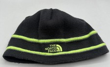 The North Face Knitted Beanie Hat Youth Junior Gray w/ Neon Green Stripes Logo