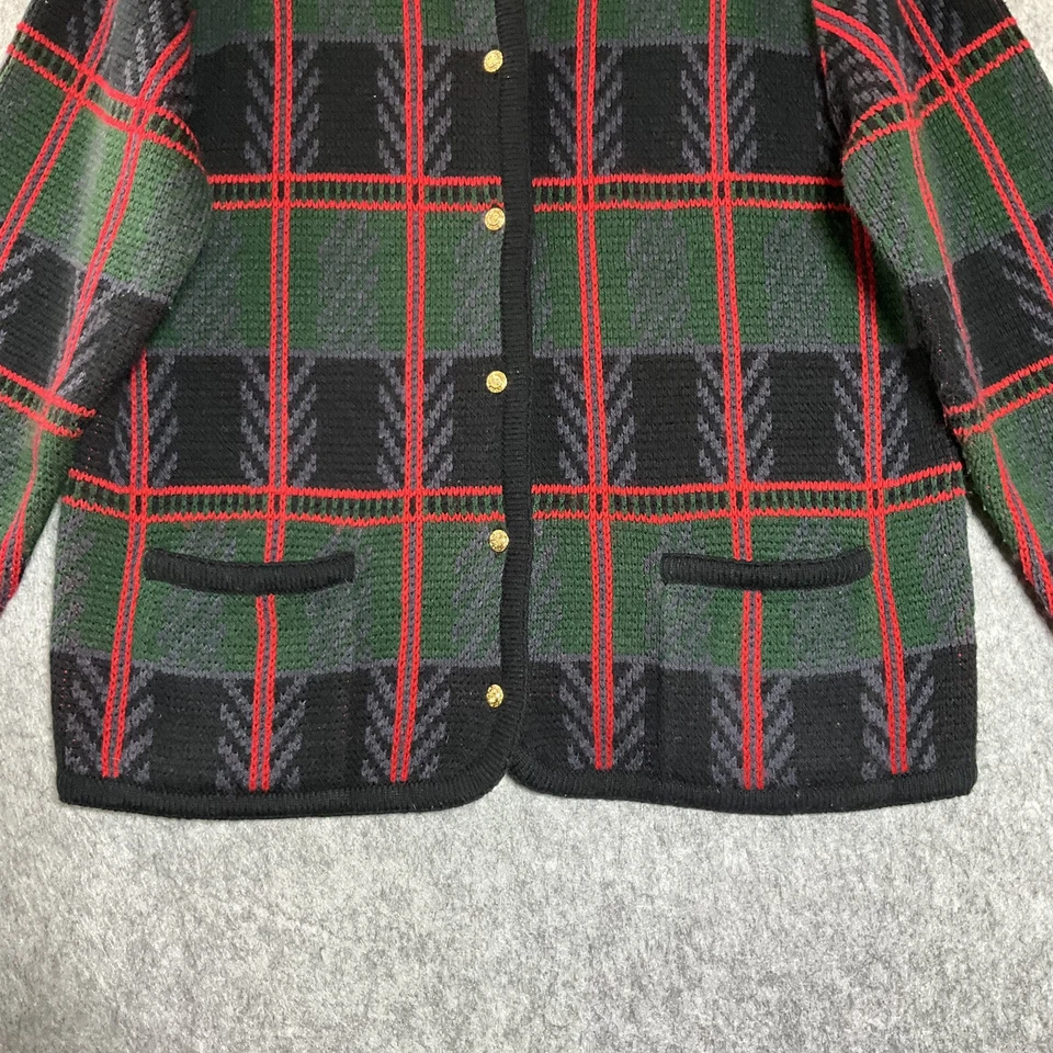 Suéter Vintage Mujer Mediano Negro Rojo Bolsillos a Cuadros Dorado Botón Cárdigan Retro Foto 3 de 4