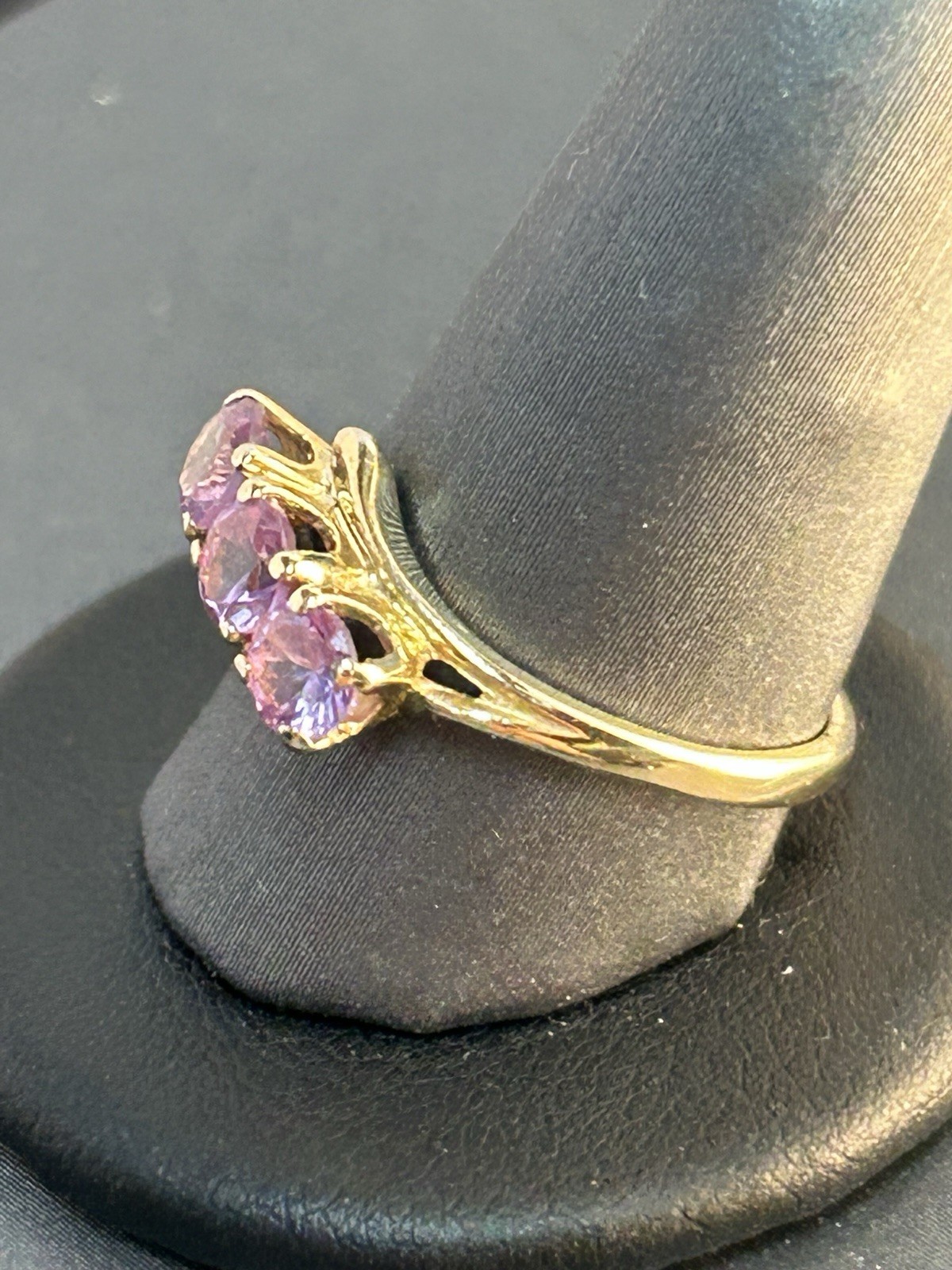 Lavender Bloom Three Stone Amethyst Ring 10K Yell… - image 2