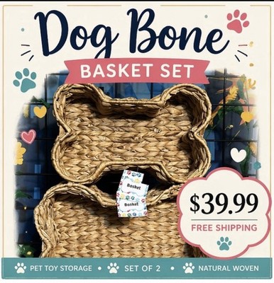 Woven Dog Bone Shaped Storage Basket Set of 2 Natural Wicker Pet Toy Organizer
