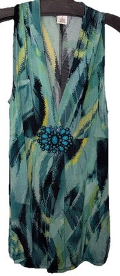 Cache Y2K Top Sleeveless Embellished Flowy Top Sz S Blue Green Turquoise Stone