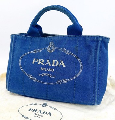 Authentic PRADA Canapa Blue Canvas Hand Tote Bag Purse #63333