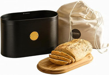 Image of Ribbed Bread Bin with Linen Bag & 2-In- Bamboo Cutting Board Lid | Modern, Styli
