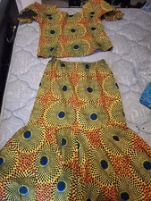 Women  s Ankara Print 2-Piece Set V-Neck Top Flared Skirt Yellow Orange