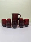 Vintage Royal Ruby Red Bubble Glass Pitcher w/ 7 Tumblers Anchor Hocking