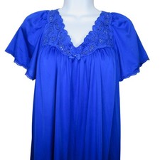 Vintage Shadowline Womens Blue Nylon Nightgown Lace V-Neck Flutter Sleeves Small