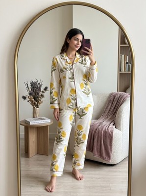Women's Cotton Floral Pajama Set Long Sleeve Button Front Sleepwear Lounge