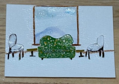 ACEO Abstract Mixed Media Collage Art of Green Sofa and Chairs, Original