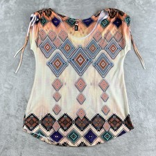 Big Bang Top Womens Orange Aztec Tribal Embelished Short Sleeve Made In USA