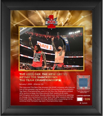 The Usos WWE Framed 15x17 2022 Day 1 Collage w/Piece Match-Used Canvas - LE 250